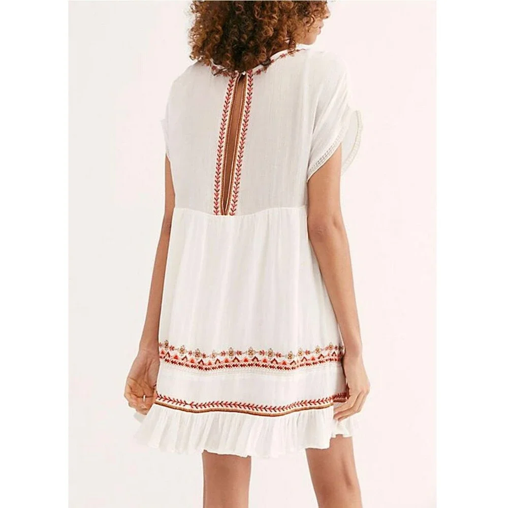 Free People Womens LARGE Mini Dress Sunrise Wanderer Boho Tribal Pattern Pockets